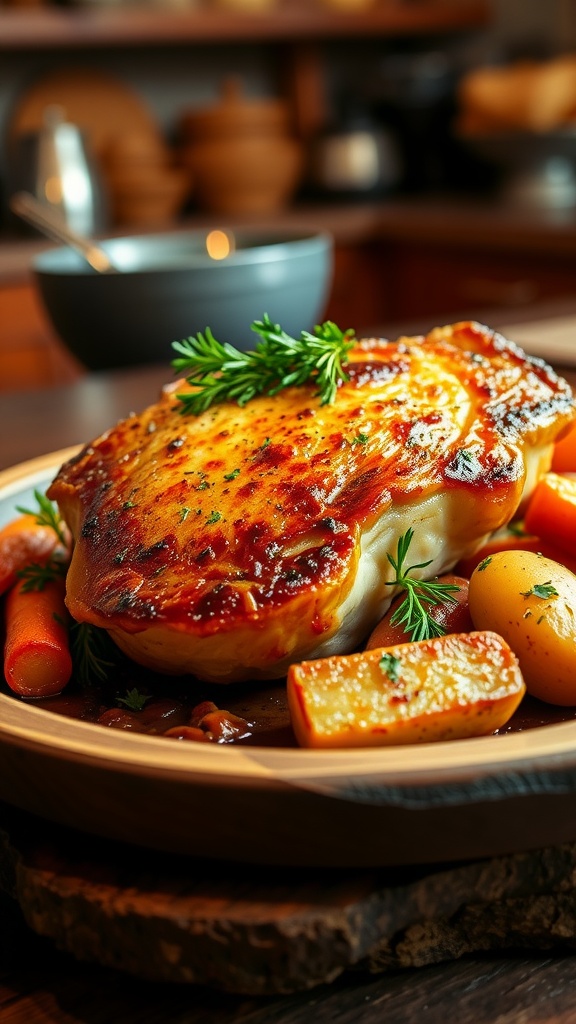 Juicy oven-baked pork chop on a wooden plate with roasted vegetables.